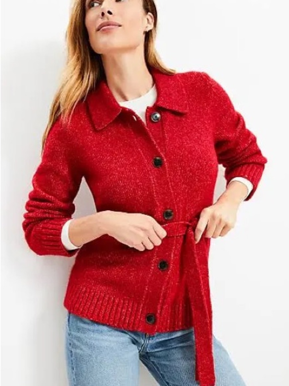 LOFT Red Button-Front Tie-Waist Sweater Cardigan